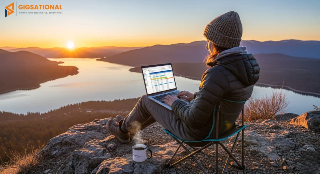 A girl enjoying sunset while working on side hustle